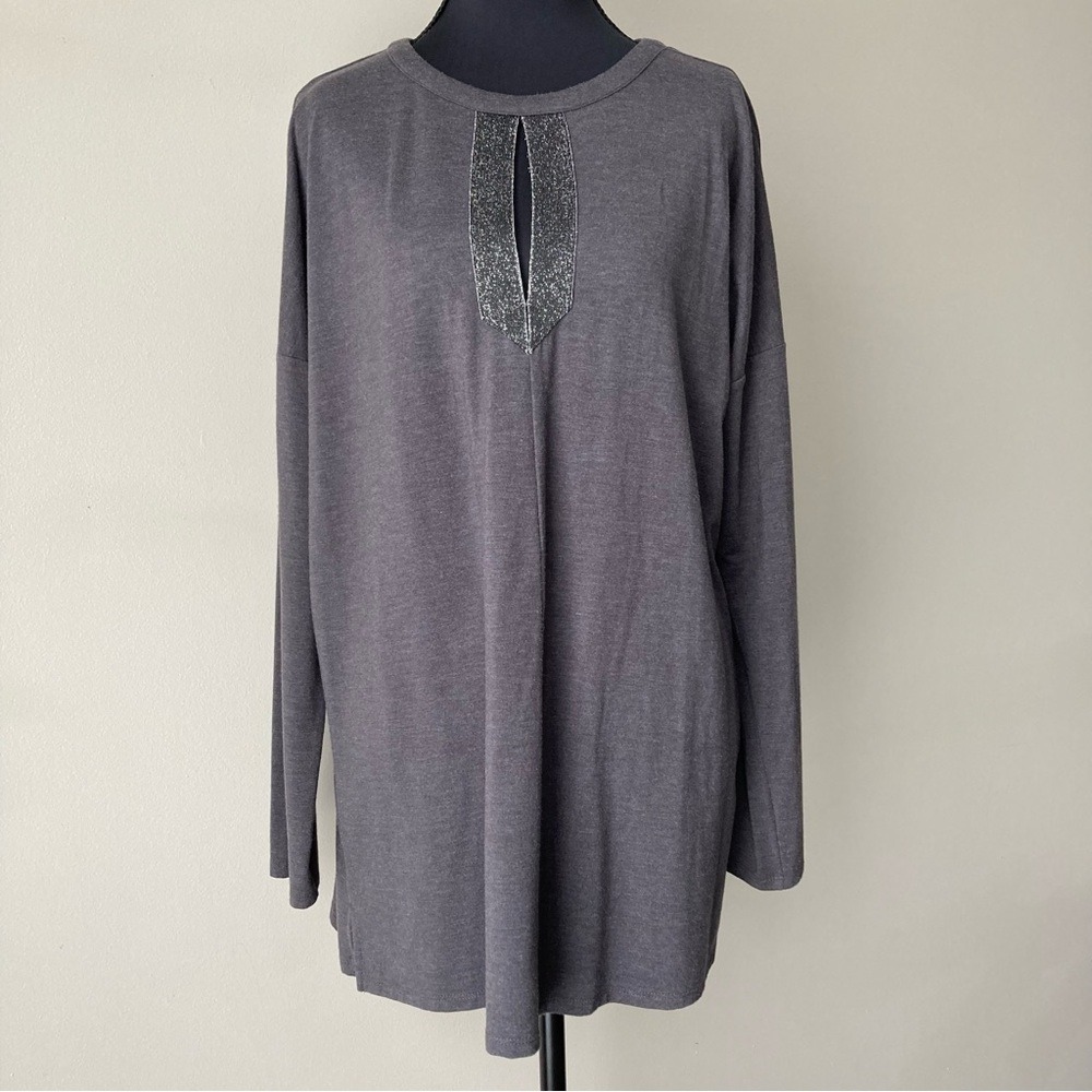 J. Jill Charcoal Gray Metallic Trim Keyhole Long Sleeve Tunic Top Small